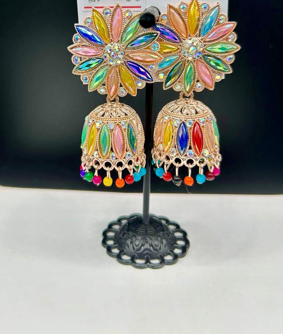 Pink multicolour stone Earrings| jhumka | Lightweight Handcrafted Bridal Jewellery – Famaza Couture