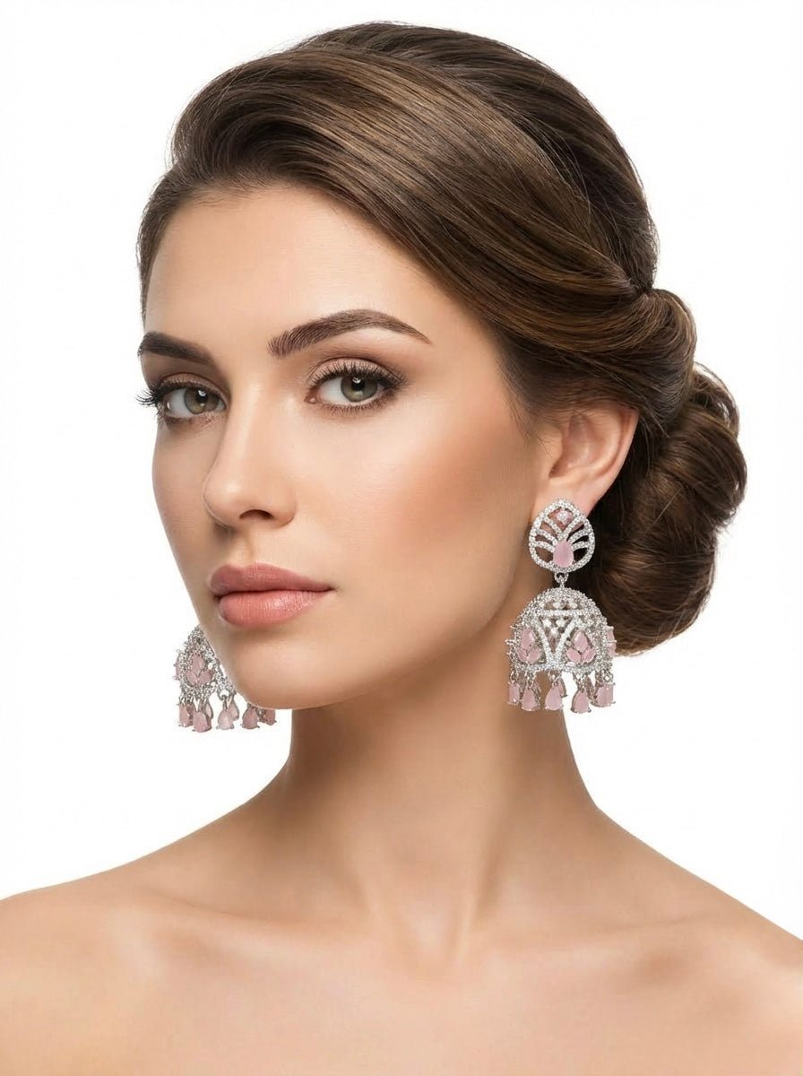 Ornate Hand-Encrusted Crystal Jhumka Earrings - Famaza Couture