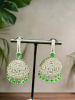 American Diamonds with emerald green stone Jhumka/ Silver Finish Earrings