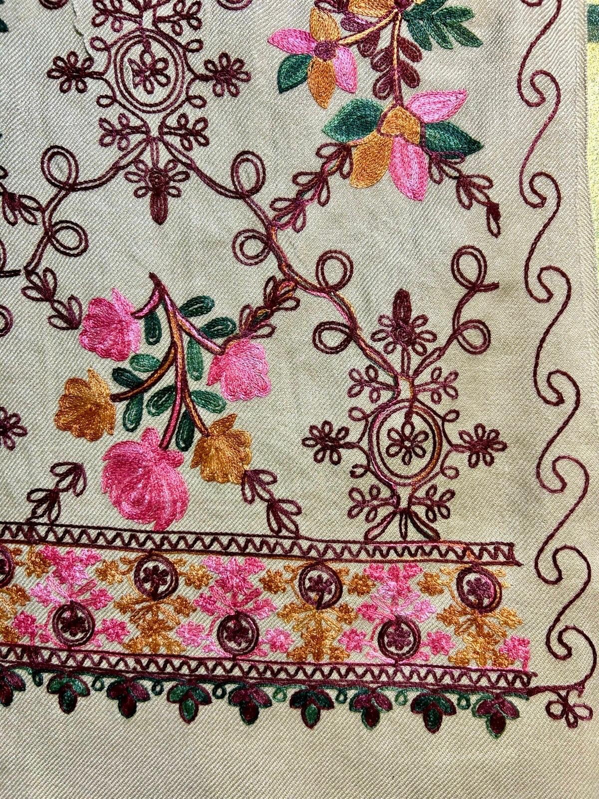 Multi Flowers jaal-over Kashmiri Embroidered Pashmina Scarf | Handcrafted Shawl – Famaza Couture