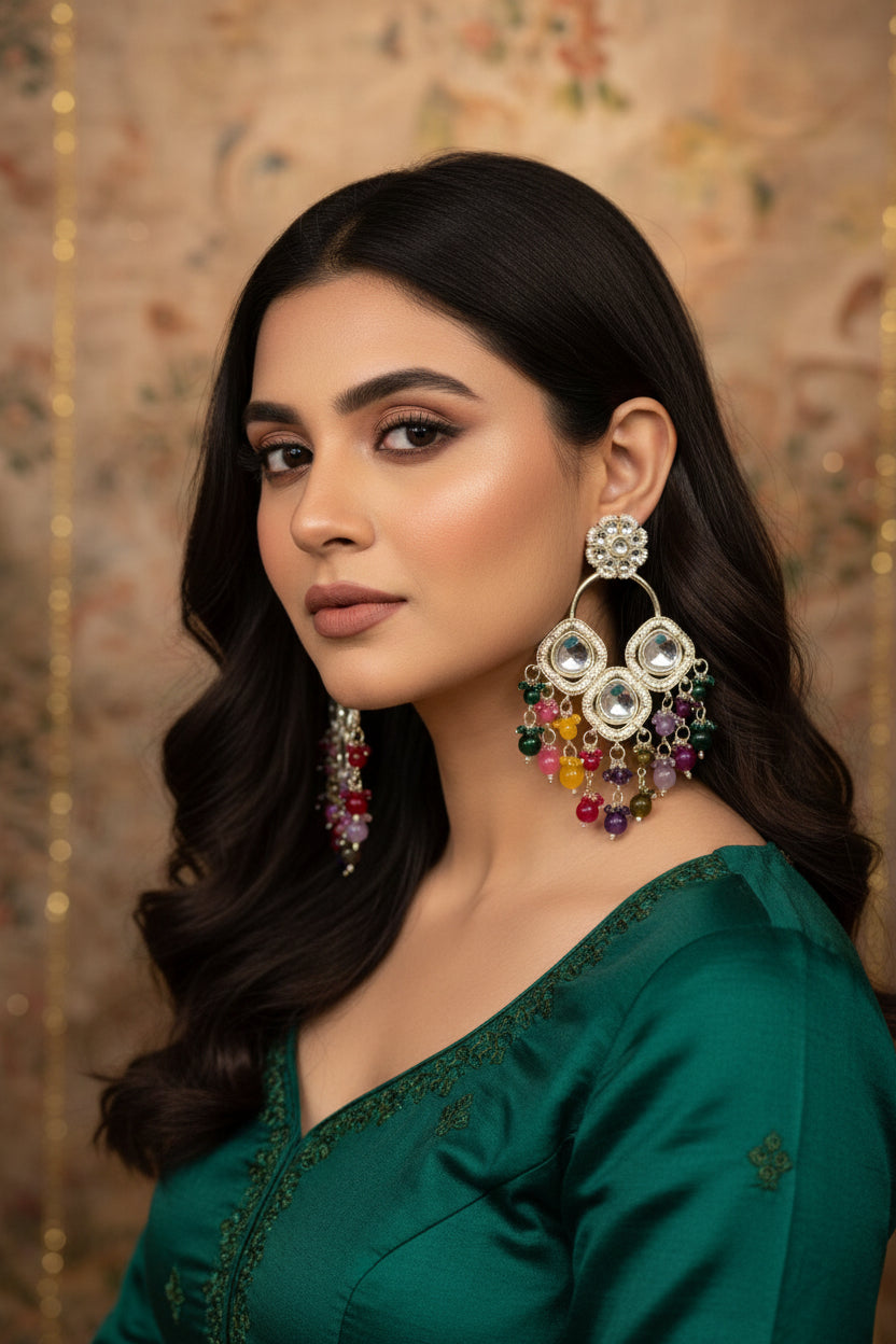 Silver Plated Kundan Earrings with Multi-Colored Artisan Beads