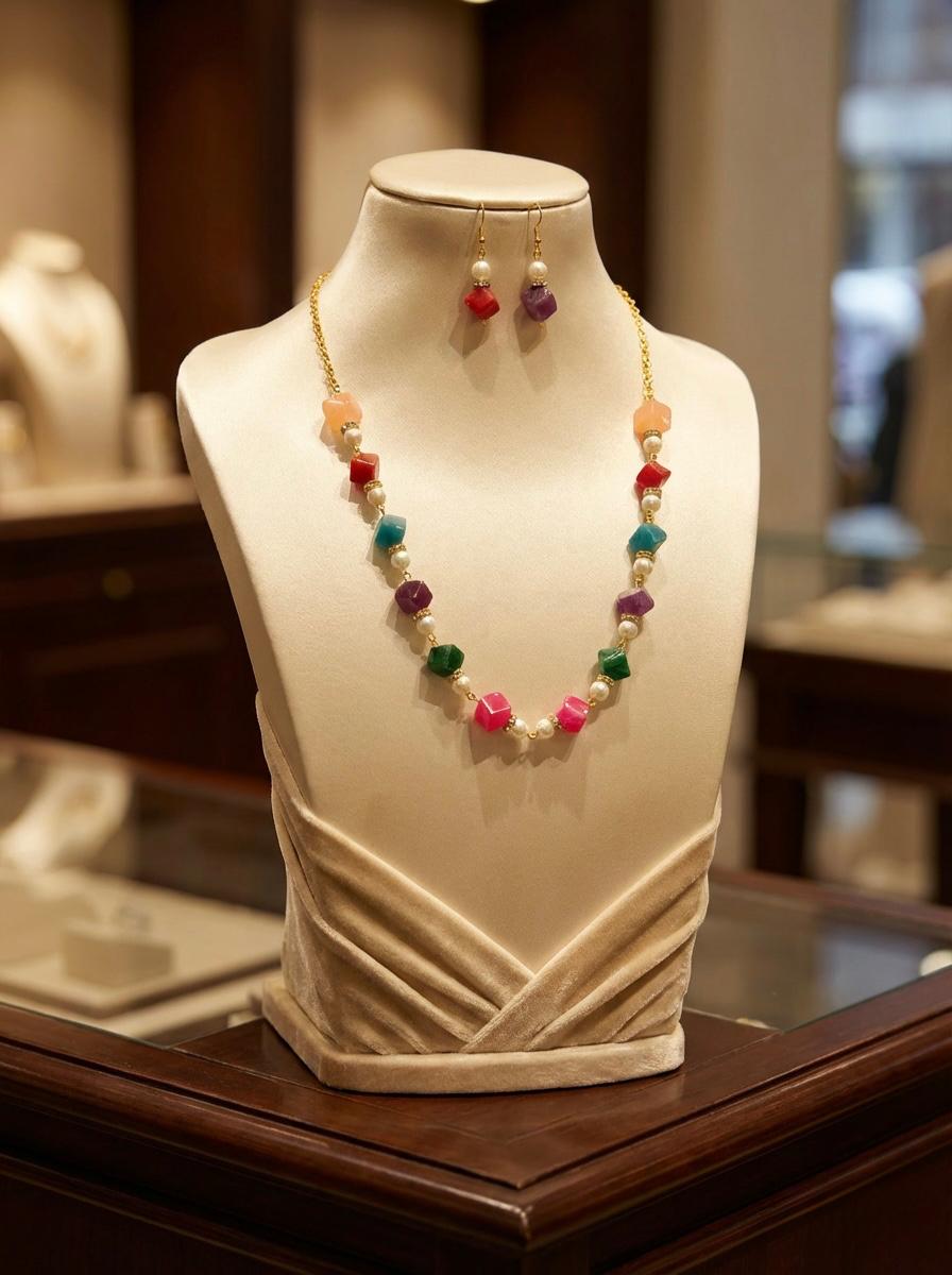 Multicolor Beaded Statement Necklace & Earrings Set – Gold Tone Fashion Jewellery | Famaza Couture