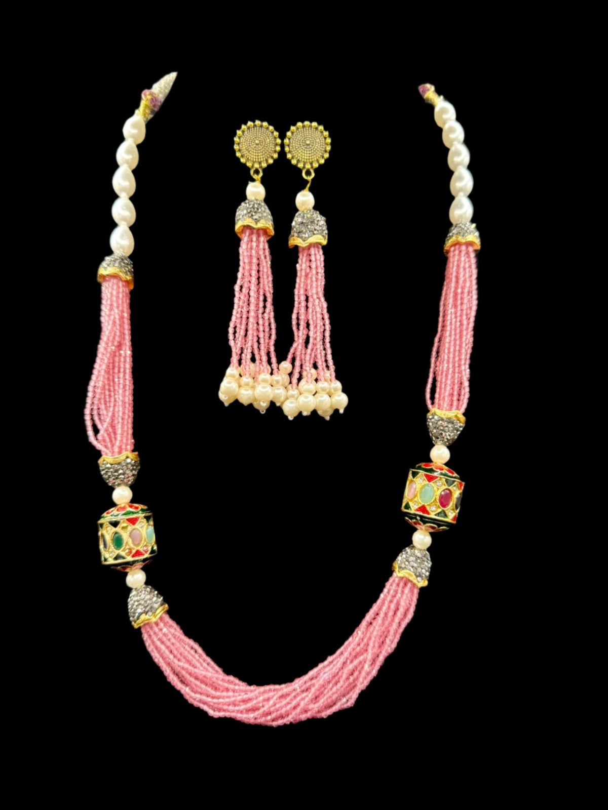 Tanjore Art Beaded Mala Set | Regal Bridal Pearl Necklace – Famaza Couture