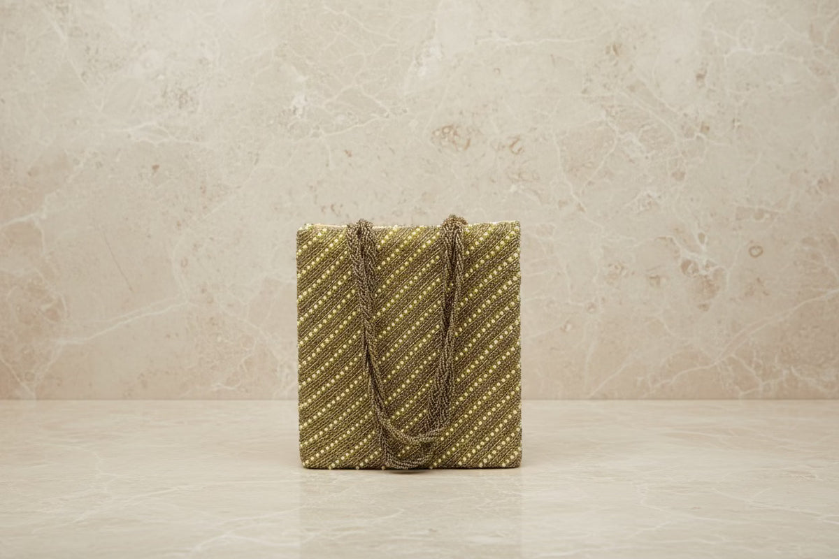 Gold Hand-Beaded Tote Bag - Luxury Handcrafted Evening Tote