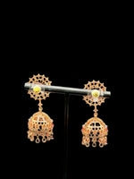 Handcrafted American Diamond Mini Ruby pink Jhumka, earrings/Golden Finish Earrings