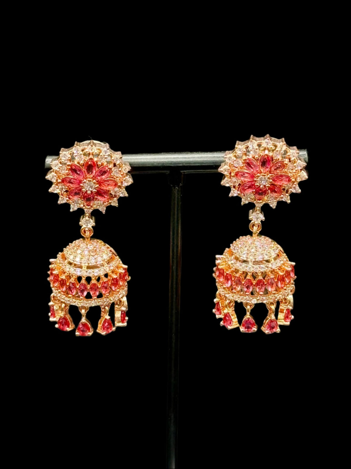 Handcrafted American Diamond Mini Ruby pink Jhumka, earrings/Golden Finish Earrings