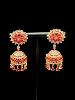 Handcrafted American Diamond Mini Ruby pink Jhumka, earrings/Golden Finish Earrings