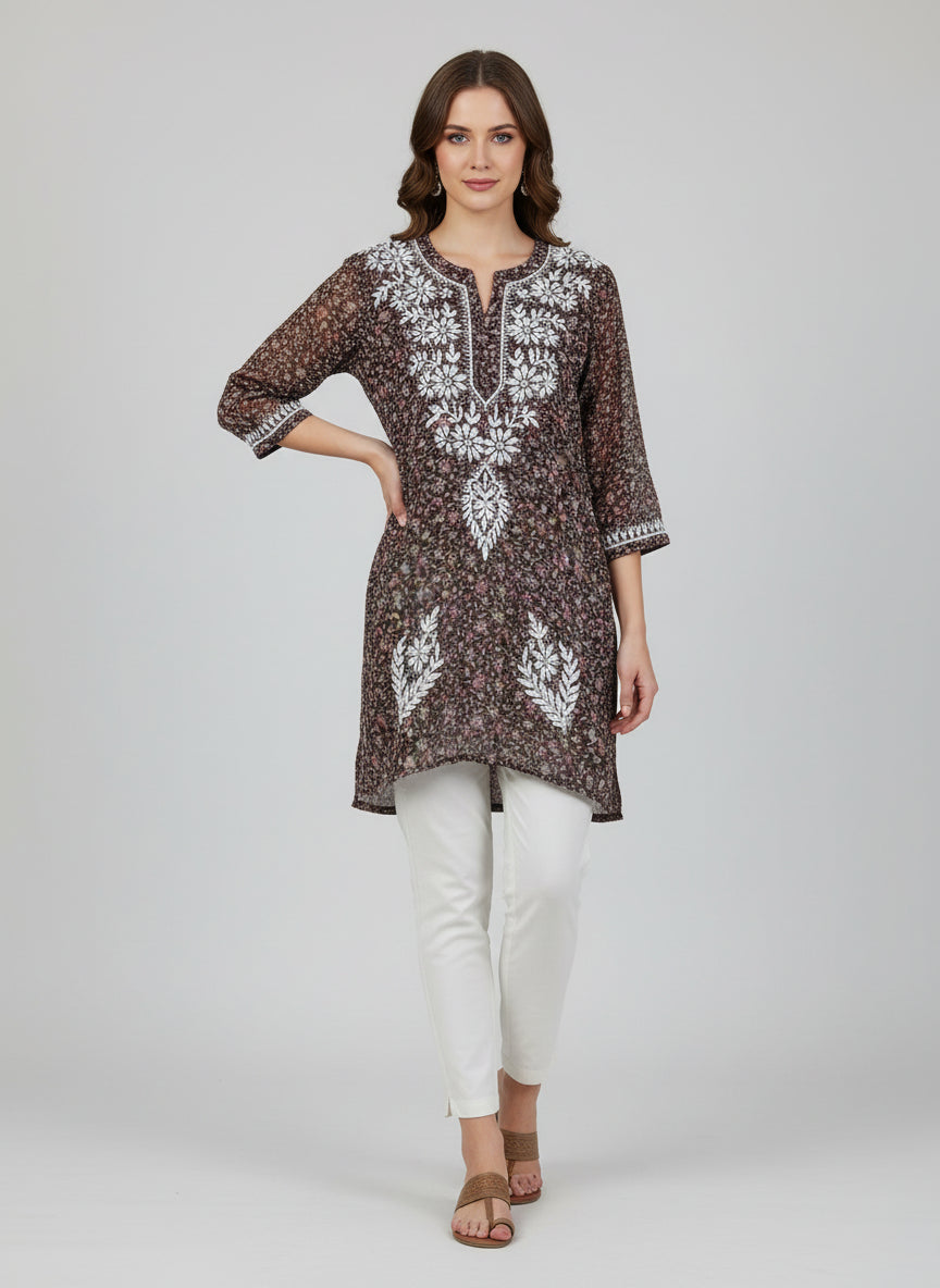 31 inches short kurti in brown colour floral printed and hand embroidered Georgette kurti with Ghass Patti work displayed.
