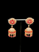 Handcrafted American Diamond Mini Ruby pink Jhumka, earrings/Golden Finish Earrings