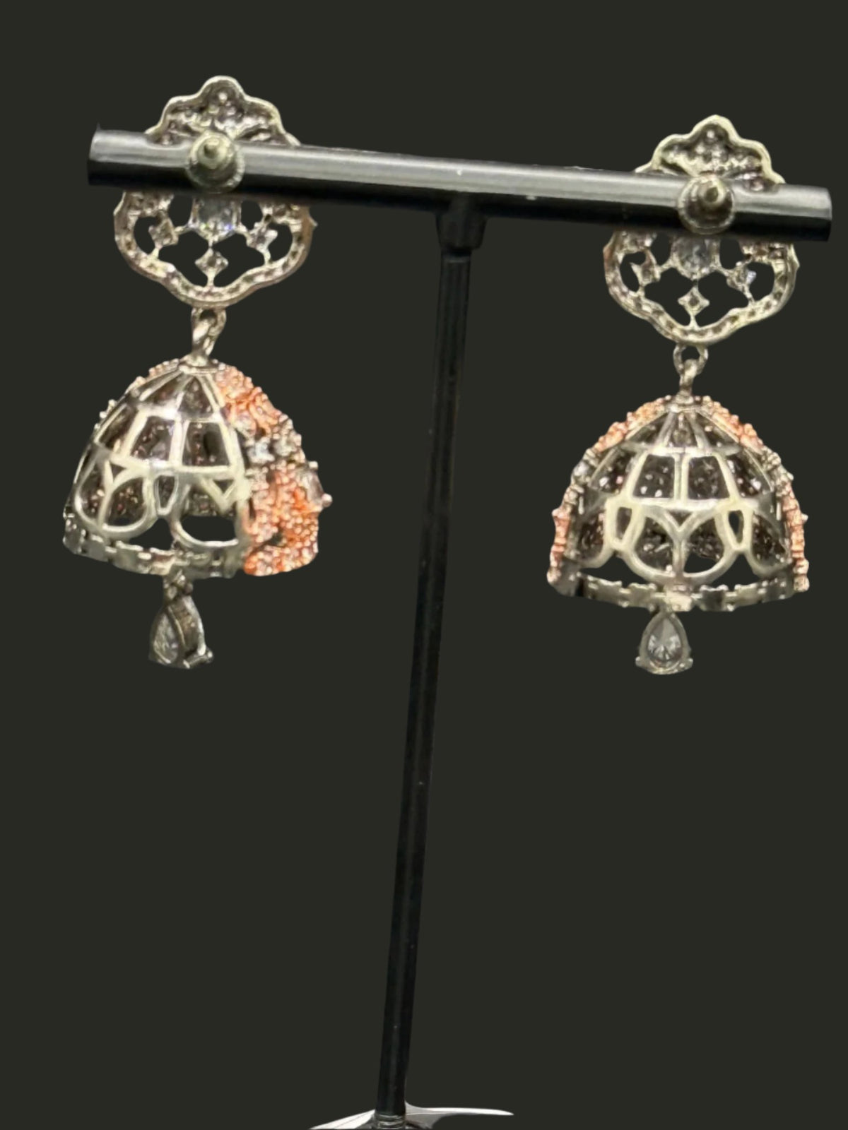 Handcrafted American Diamond Jhumka Earrings - Black Rose gold Finish | Famaza Couture