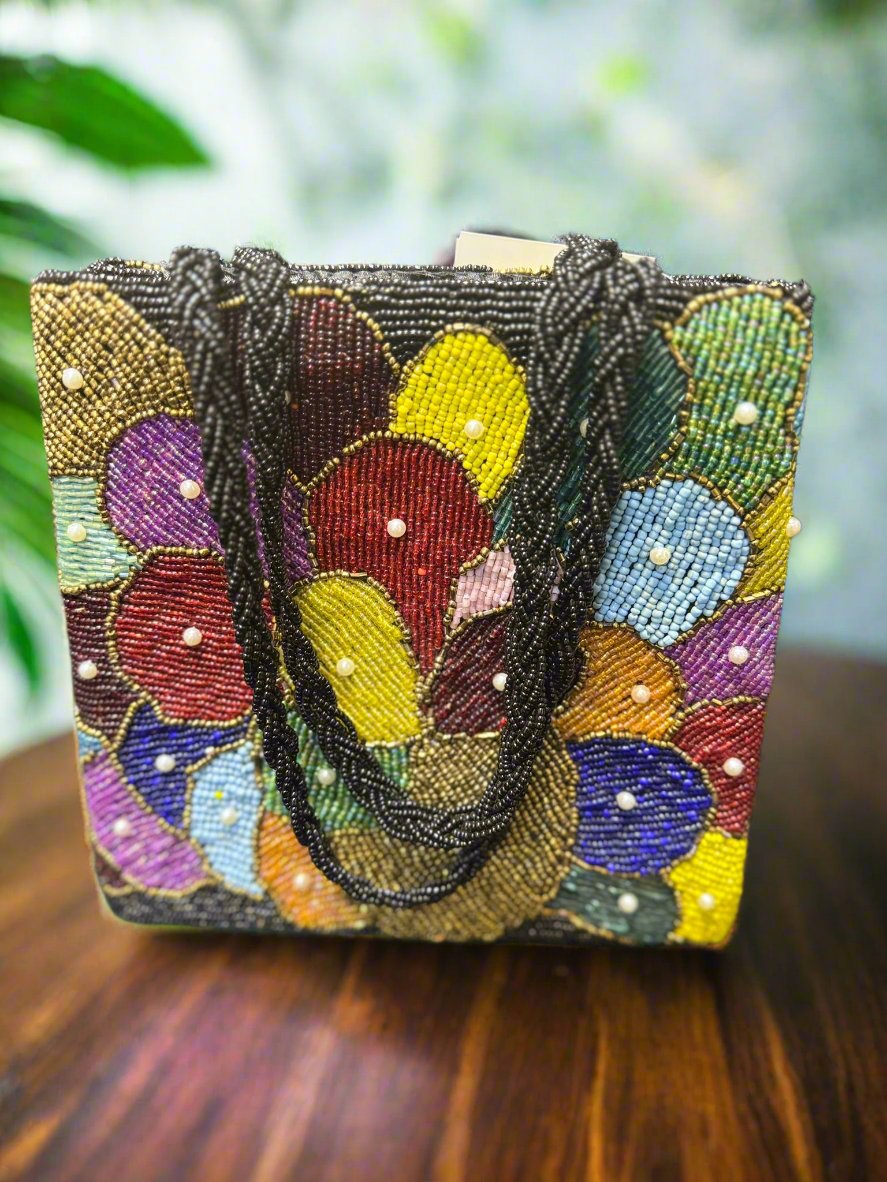 Coloured Circular Handcrafted Tote Bag with pearls