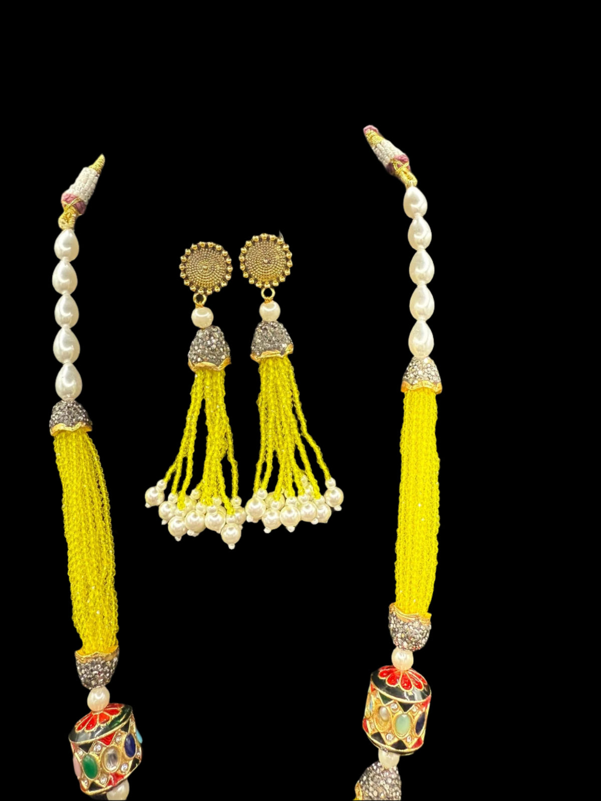 Tanjore Art Beaded Mala Set | Regal Bridal Pearl Necklace – Famaza Couture