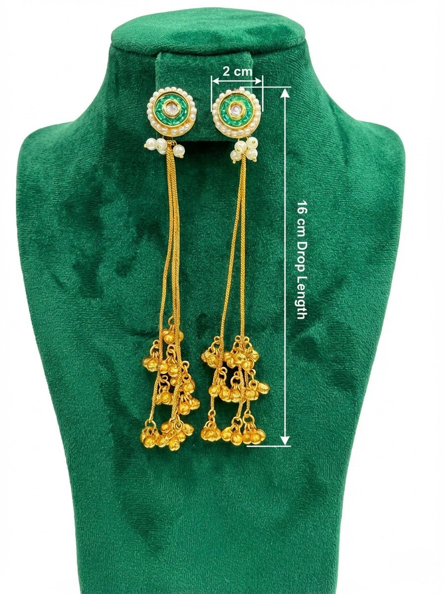 Emerald Green Stud & Golden Ghungroo Tassel Earrings — Brass Statement Jewellery
