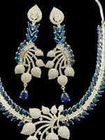 American Diamond & Blue Sapphire Necklace Set | Elegant Leaf Design – Famaza Couture