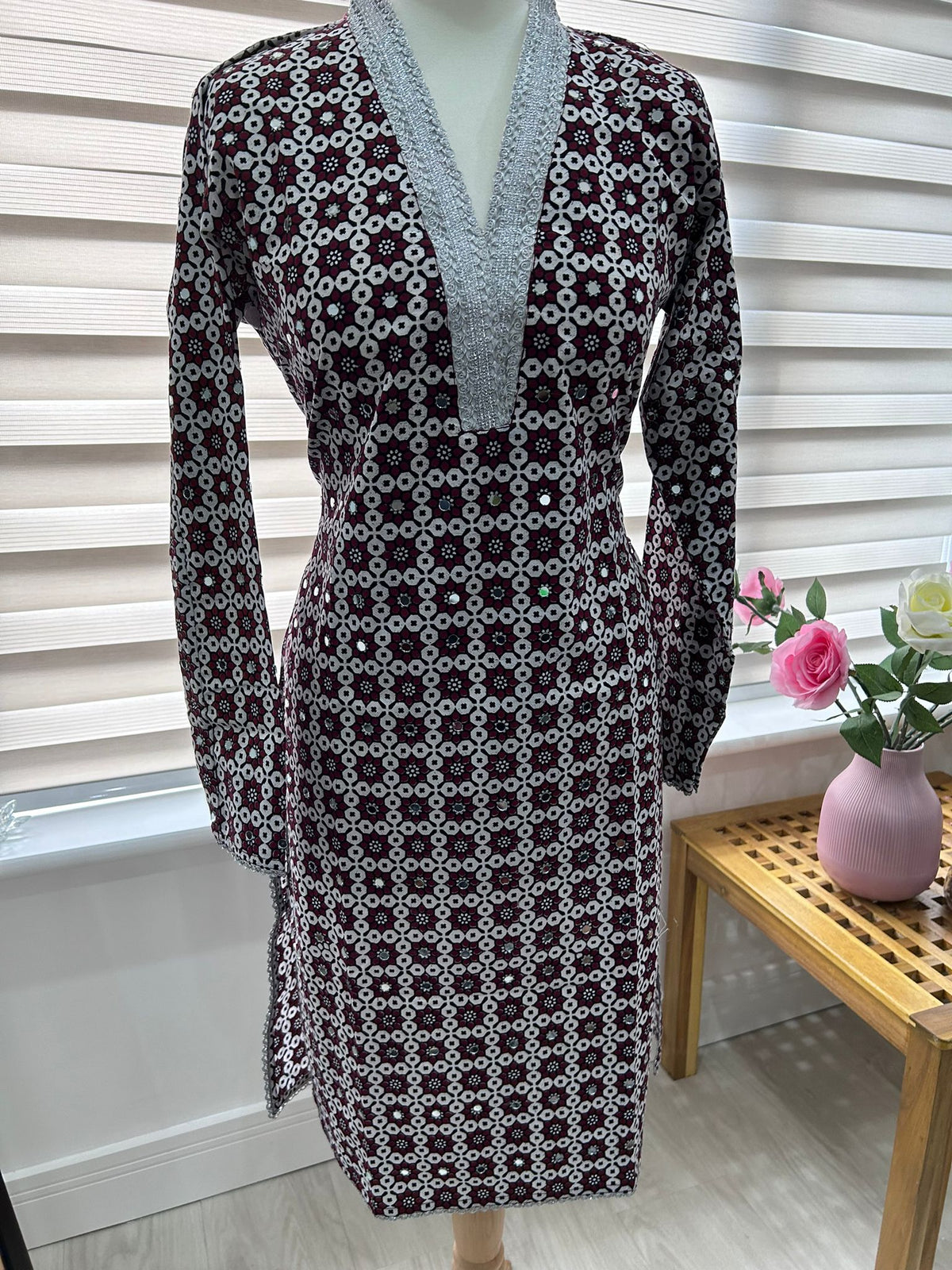 Traditional Ajrak Sindhi Kurta/Dress - Maroon/White