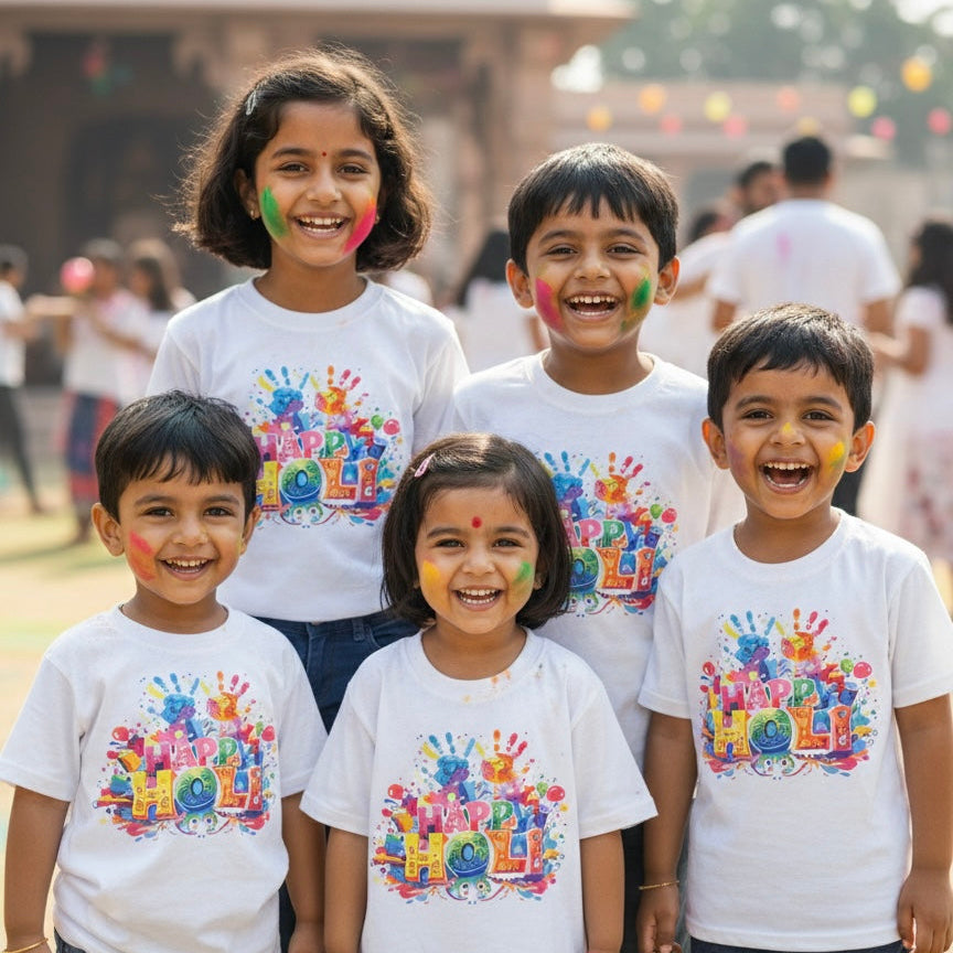 4-7 years old children are wearing Happy Holi T-Shirt