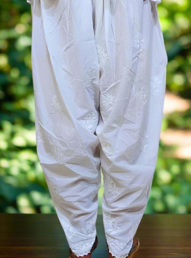 White Dhoti Pants | Handmade chikankari Tulip Trousers – Famaza Couture