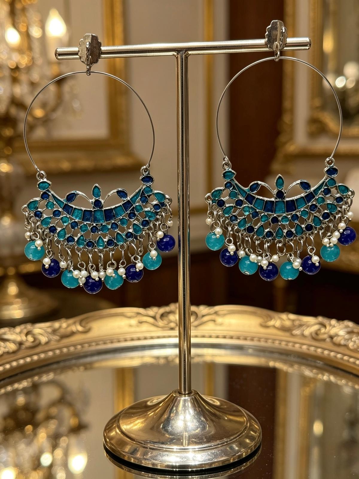 Silver-Tone Enamel-Painted Chandbali Hoop Earrings – Bridal & Festive