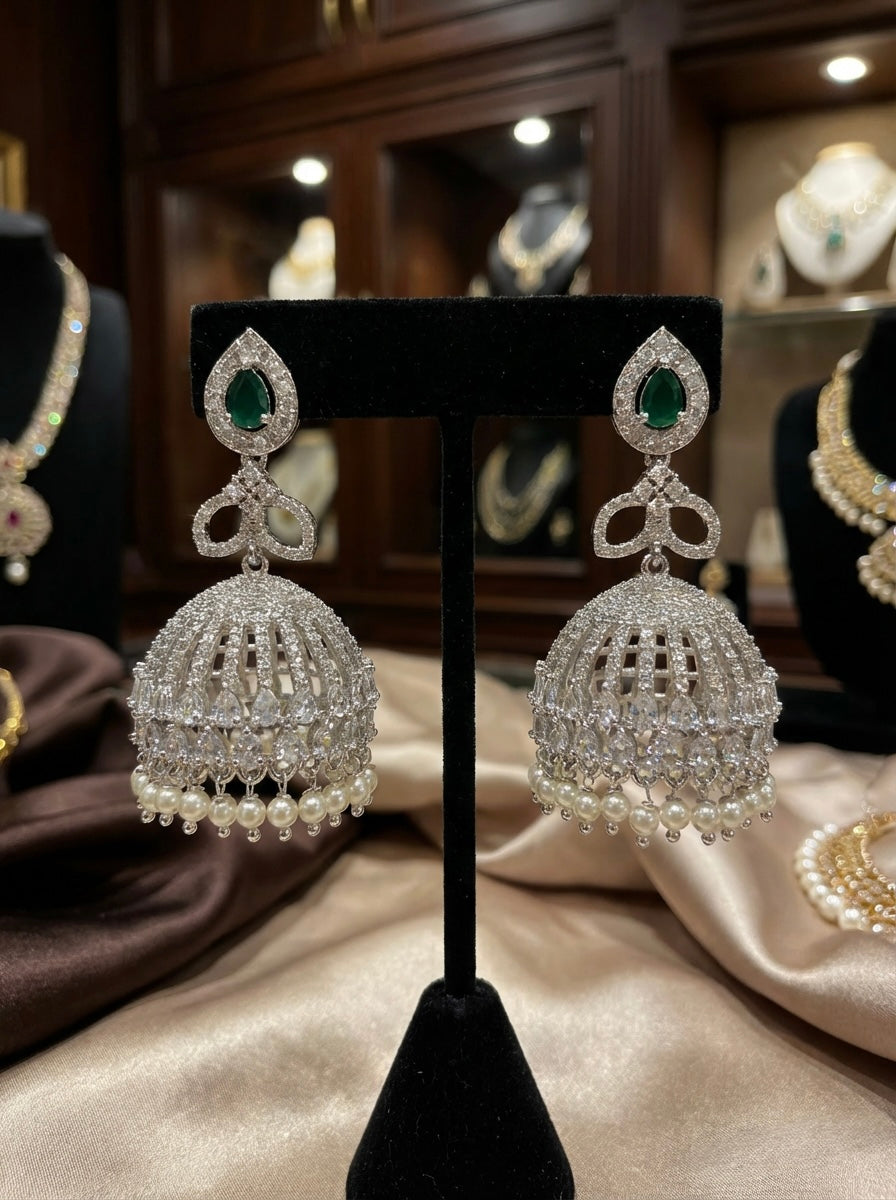 American Diamond Jhumka Earrings (Jhumkey) – Silver Finish Bridal & Party Wear Earrings UK | Famaza Couture