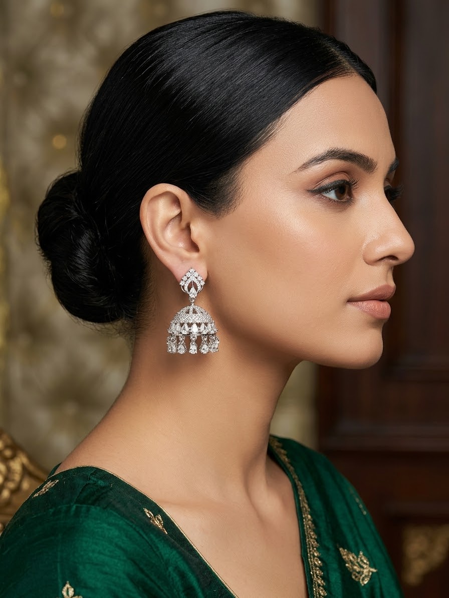 The Eve Silver-Plated Petite American Diamond Jhumka Earrings | Famaza Couture
