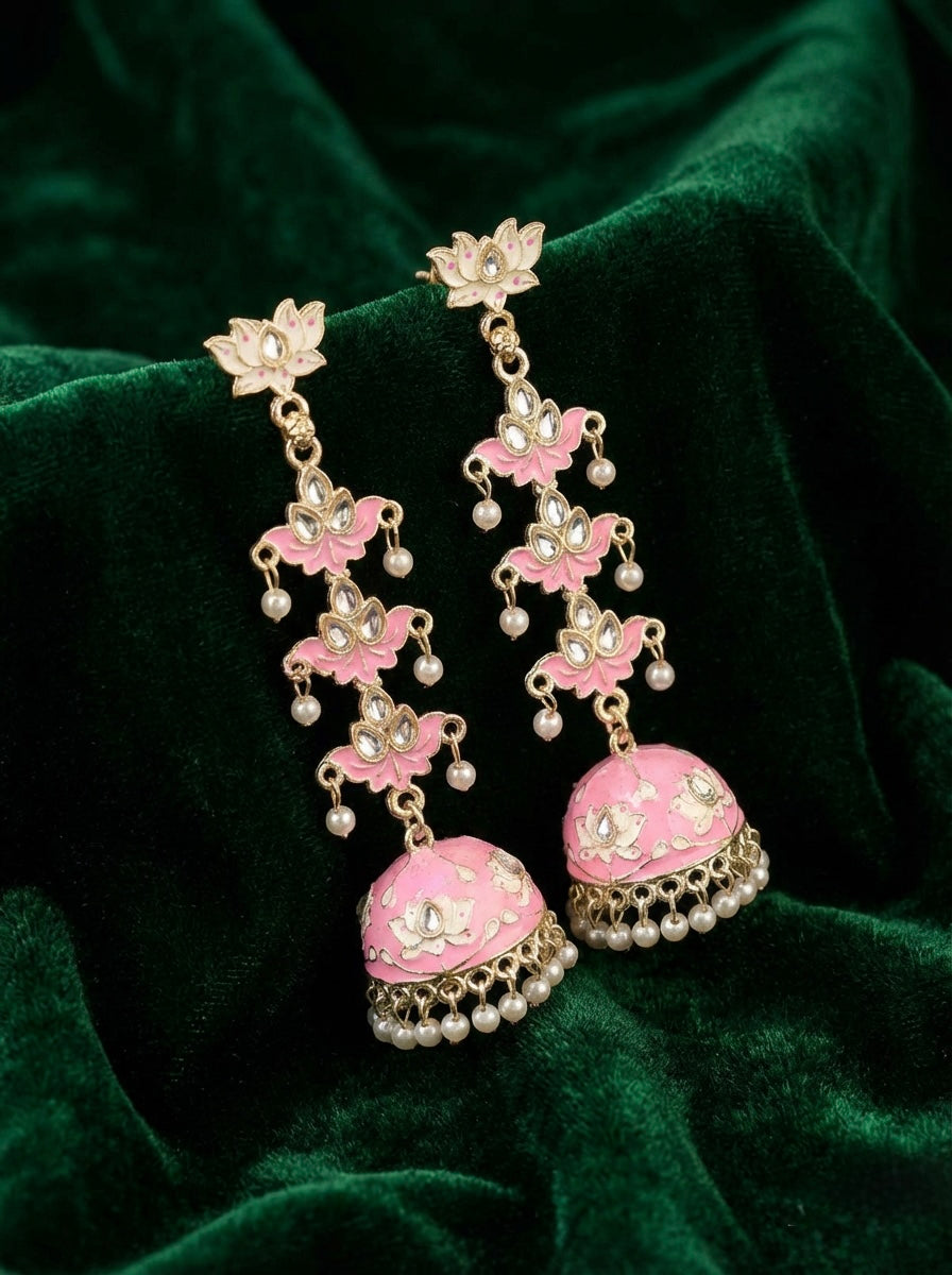 Meenakari Tulip Long Jhumka Earrings | Silver Ethnic Statement Jewellery – Famaza Couture London