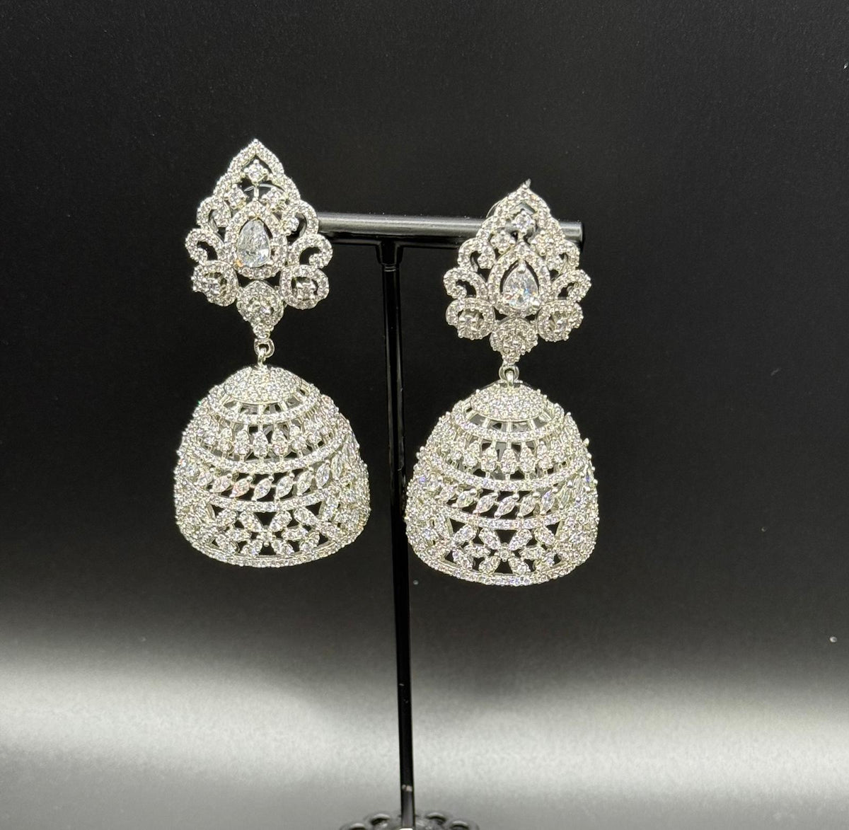 American Diamond Jumbo Jhumka earrings/Silver Finish Earrings