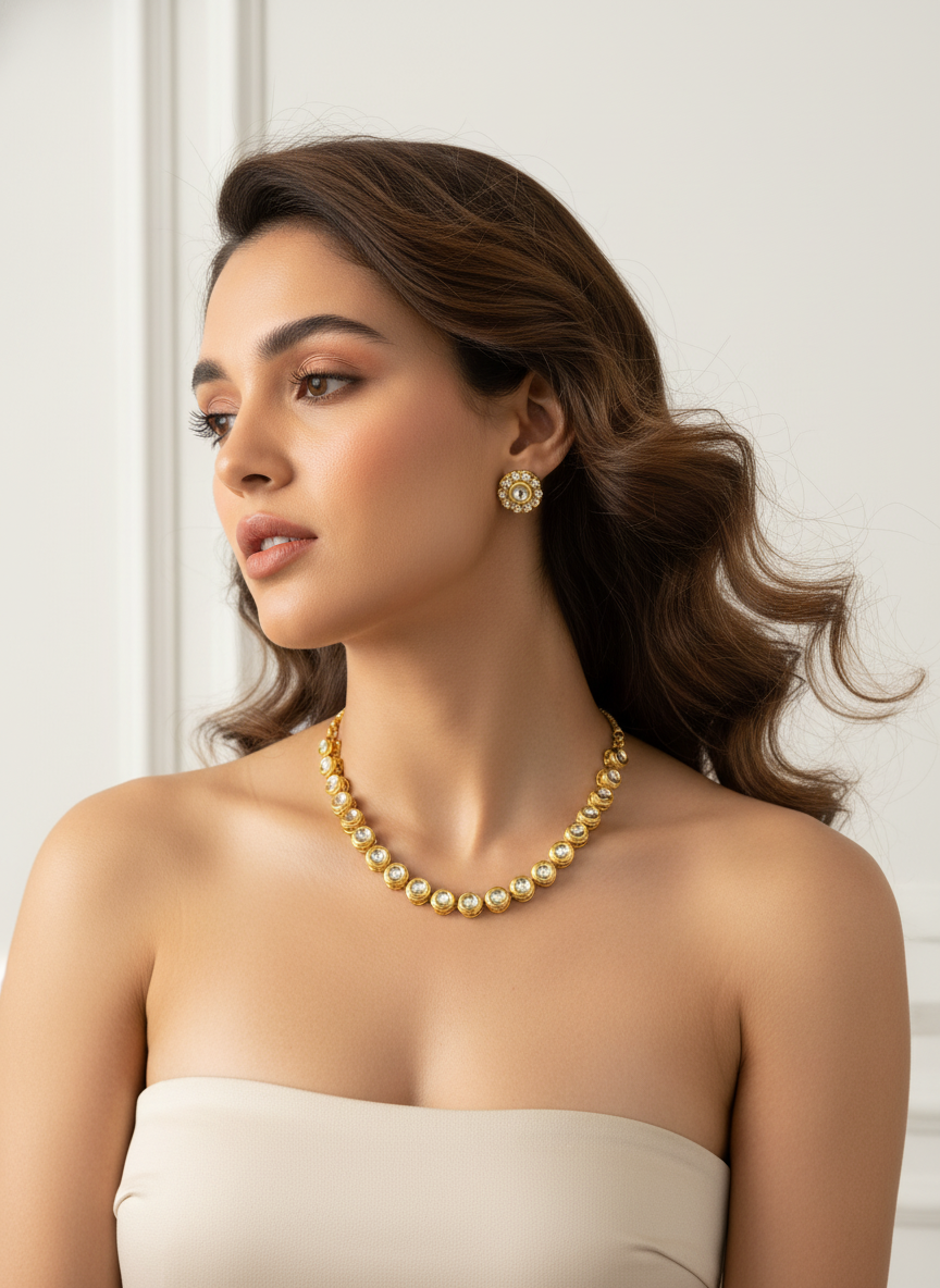 Gold plated Kundun sleek Choker Necklace set | Elegant Party & Bridal Jewellery – Famaza Couture