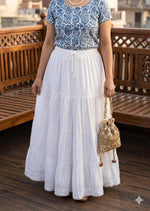 White premium rayon skirt with dense ghasspati work on bottom two flare layers