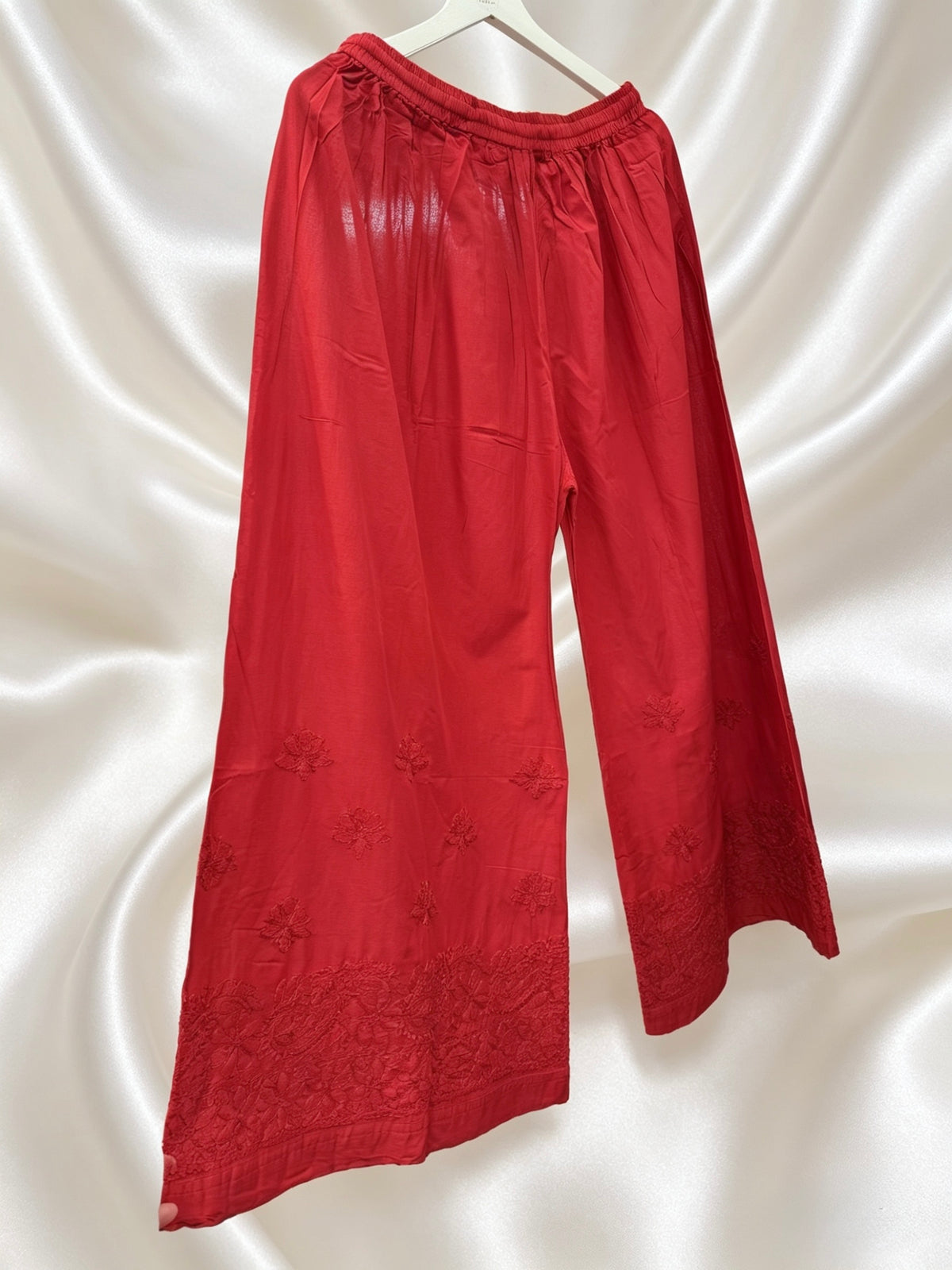 Crimson Red Hand-Embroidered Chikankari Wide-Leg Trousers