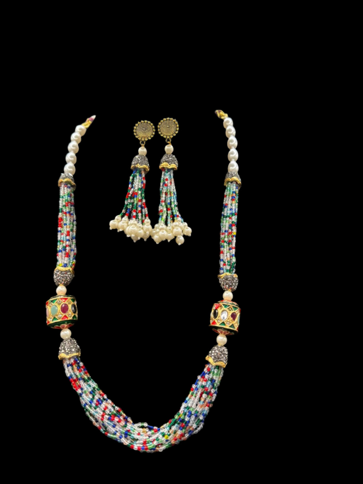 Tanjore Art Beaded Mala Set | Regal Bridal Pearl Necklace – Famaza Couture