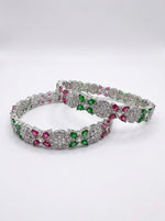 Floral Emerald & Ruby American Diamond Bangles - Multi-Tone Crystal Set