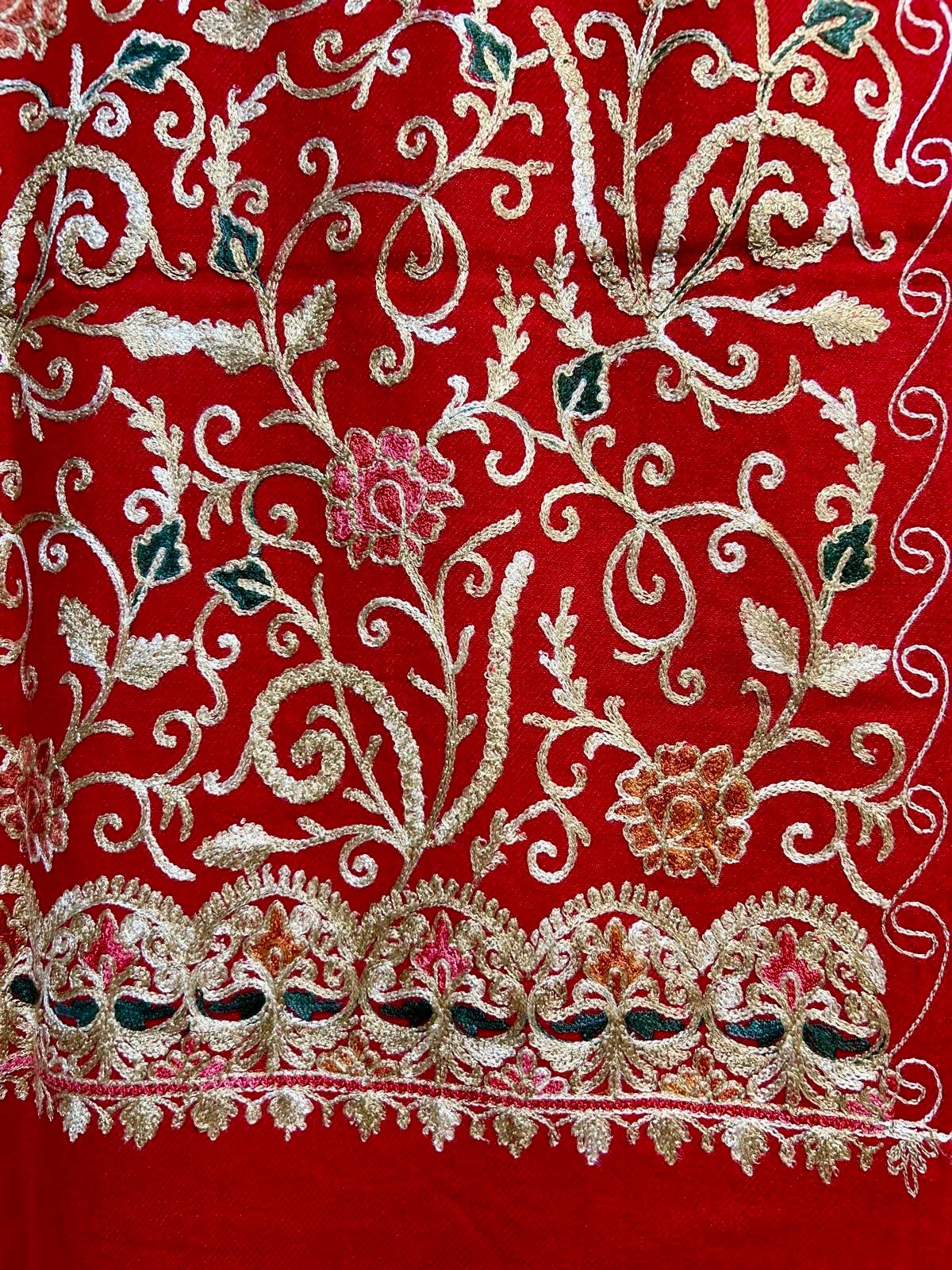 Red Thick Jaal-over Kashmiri Embroidered Pashmina Scarf | Handcrafted Shawl – Famaza Couture