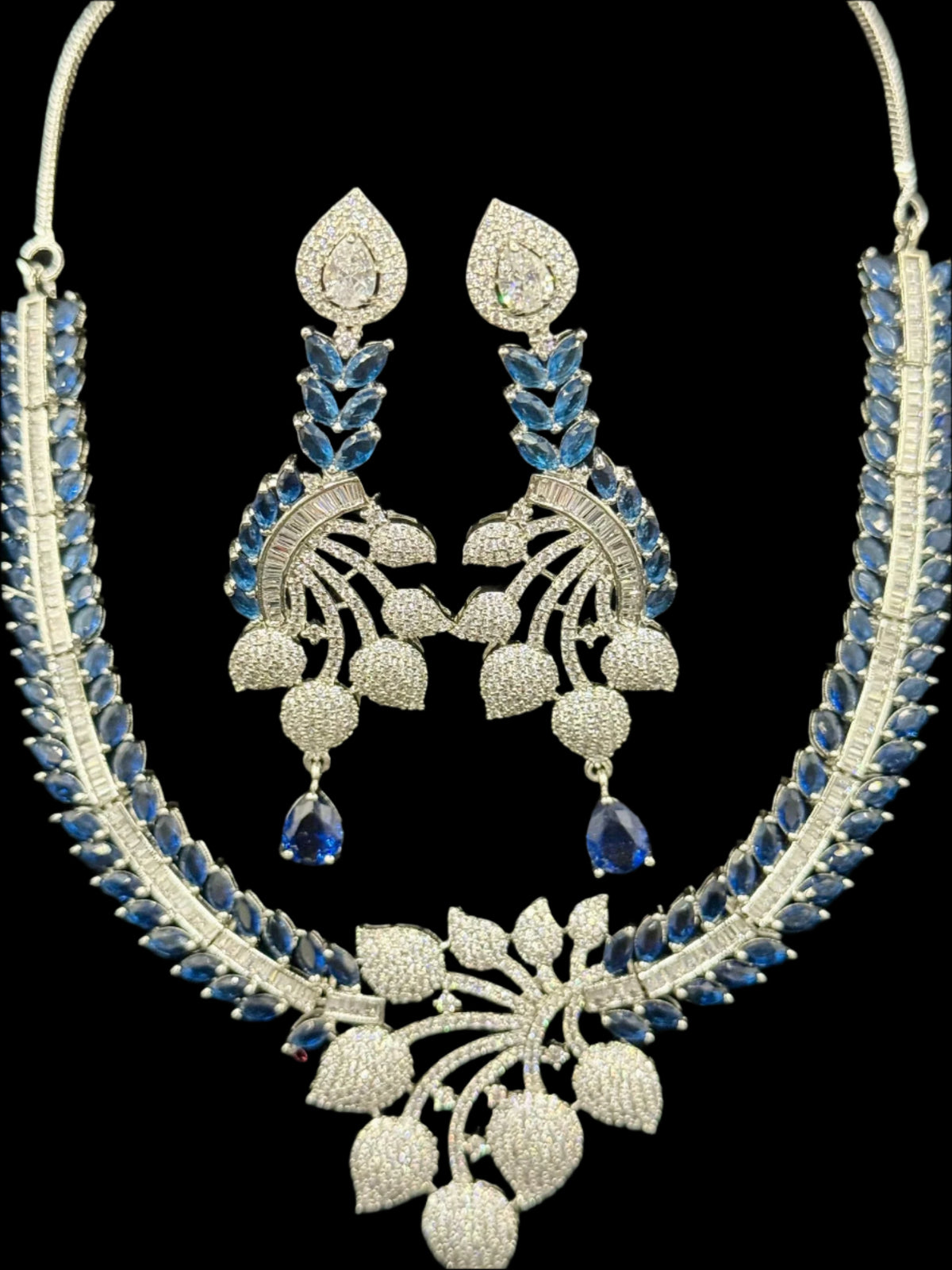 American Diamond & Blue Sapphire Necklace Set | Elegant Leaf Design – Famaza Couture