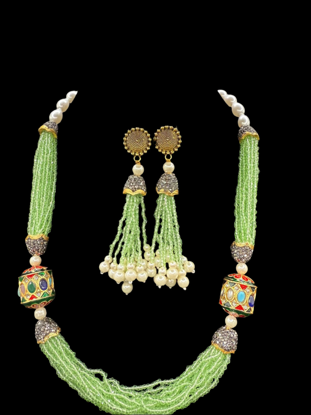 Tanjore Art Beaded Mala Set | Regal Bridal Pearl Necklace – Famaza Couture