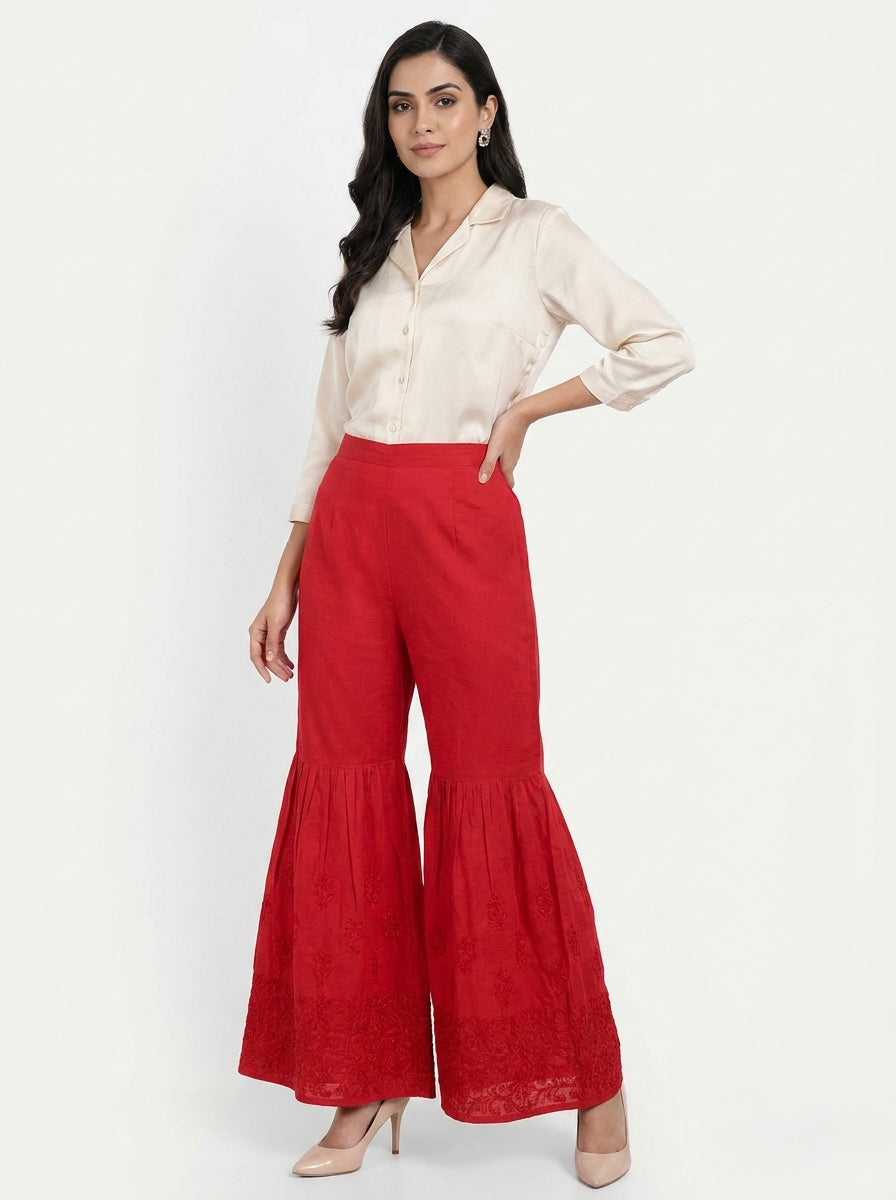 The Scarlet Monarch Gharara — Tonal Embroidered Cotton Trousers
