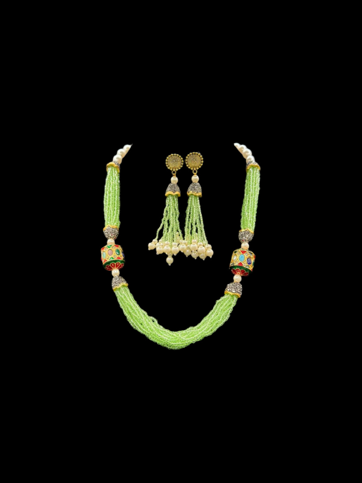 Tanjore Art Beaded Mala Set | Regal Bridal Pearl Necklace – Famaza Couture