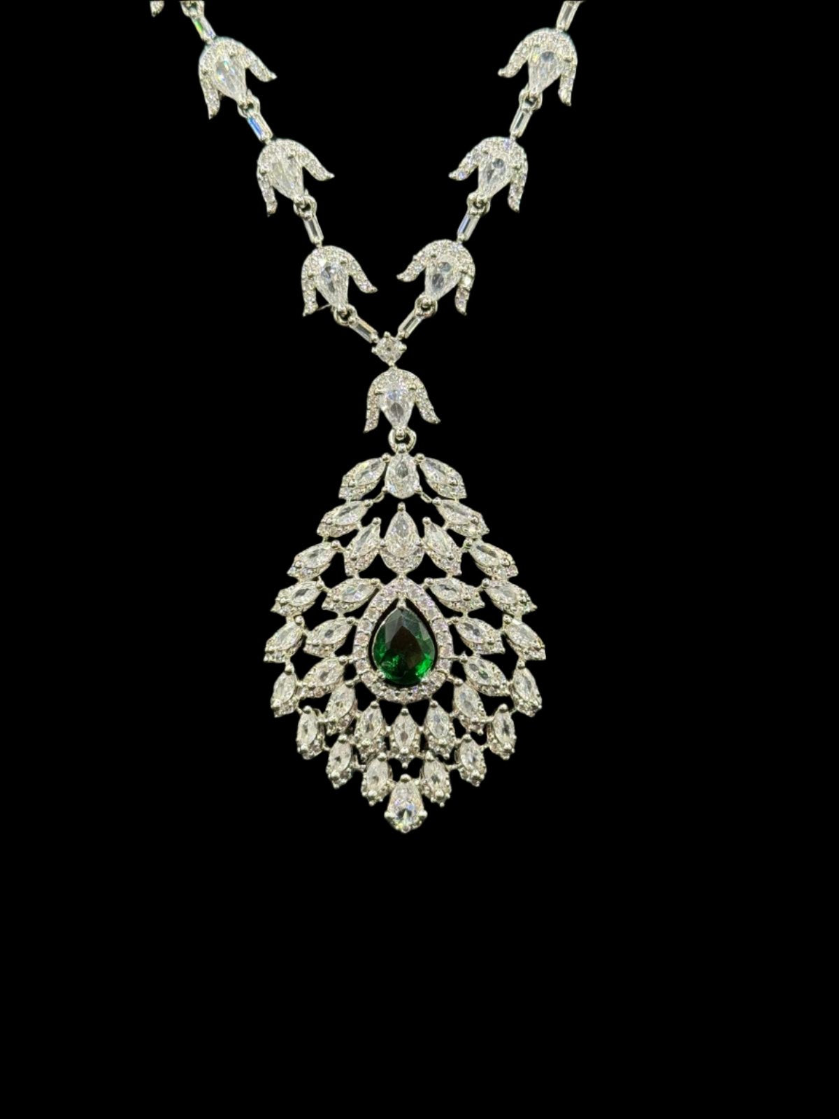 American Diamond & Emerald Necklace Set - Leaf Design | Famaza Couture