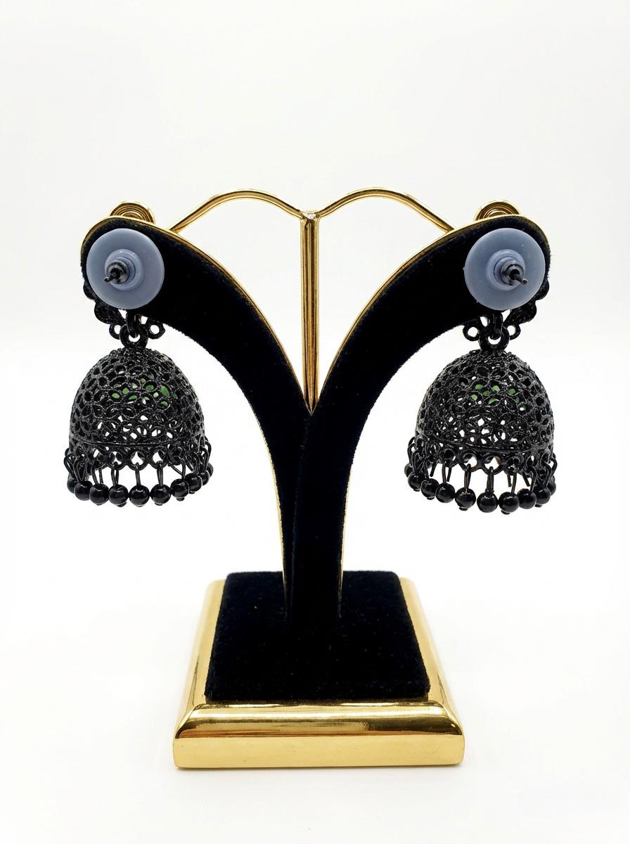 Artisan Black Brass & Mint Stone Jhumka Earrings — Lightweight Floral Drop