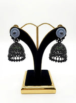 Artisan Black Brass & Mint Stone Jhumka Earrings — Lightweight Floral Drop