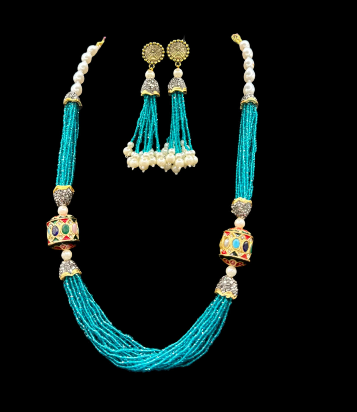 Tanjore Art Beaded Mala Set | Regal Bridal Pearl Necklace – Famaza Couture