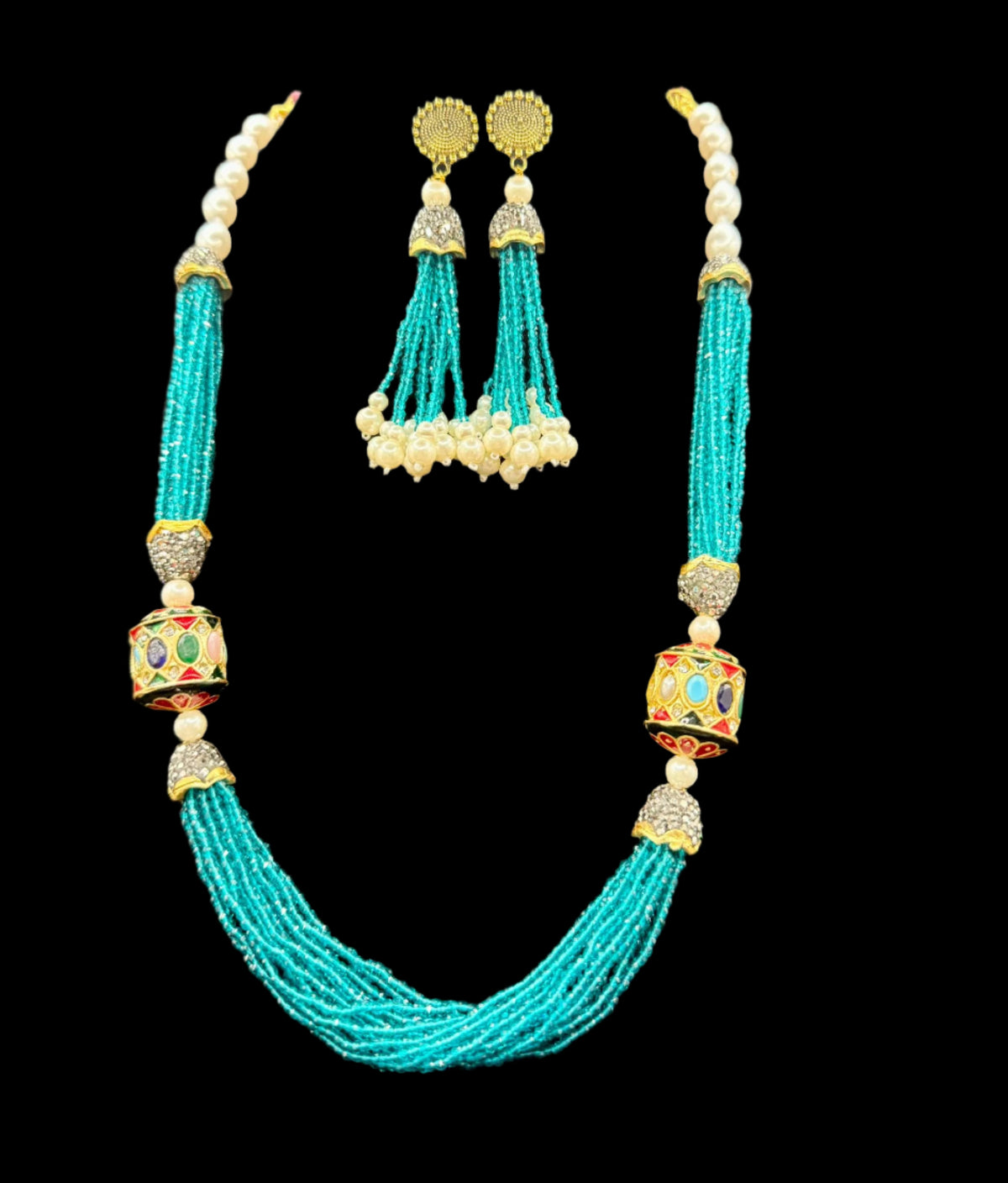 Tanjore Art Beaded Mala Set | Regal Bridal Pearl Necklace – Famaza Couture