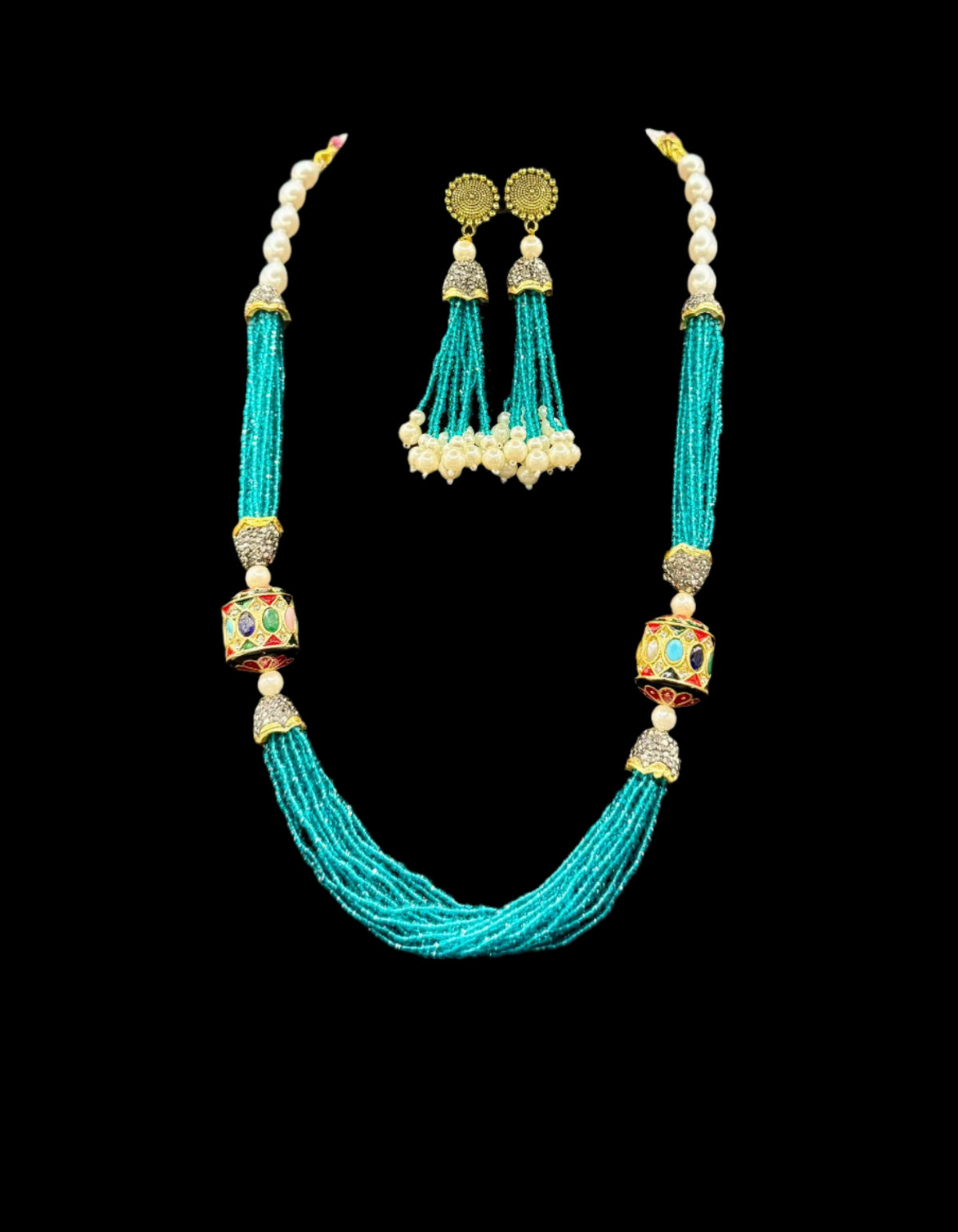 Tanjore Art Beaded Mala Set | Regal Bridal Pearl Necklace – Famaza Couture