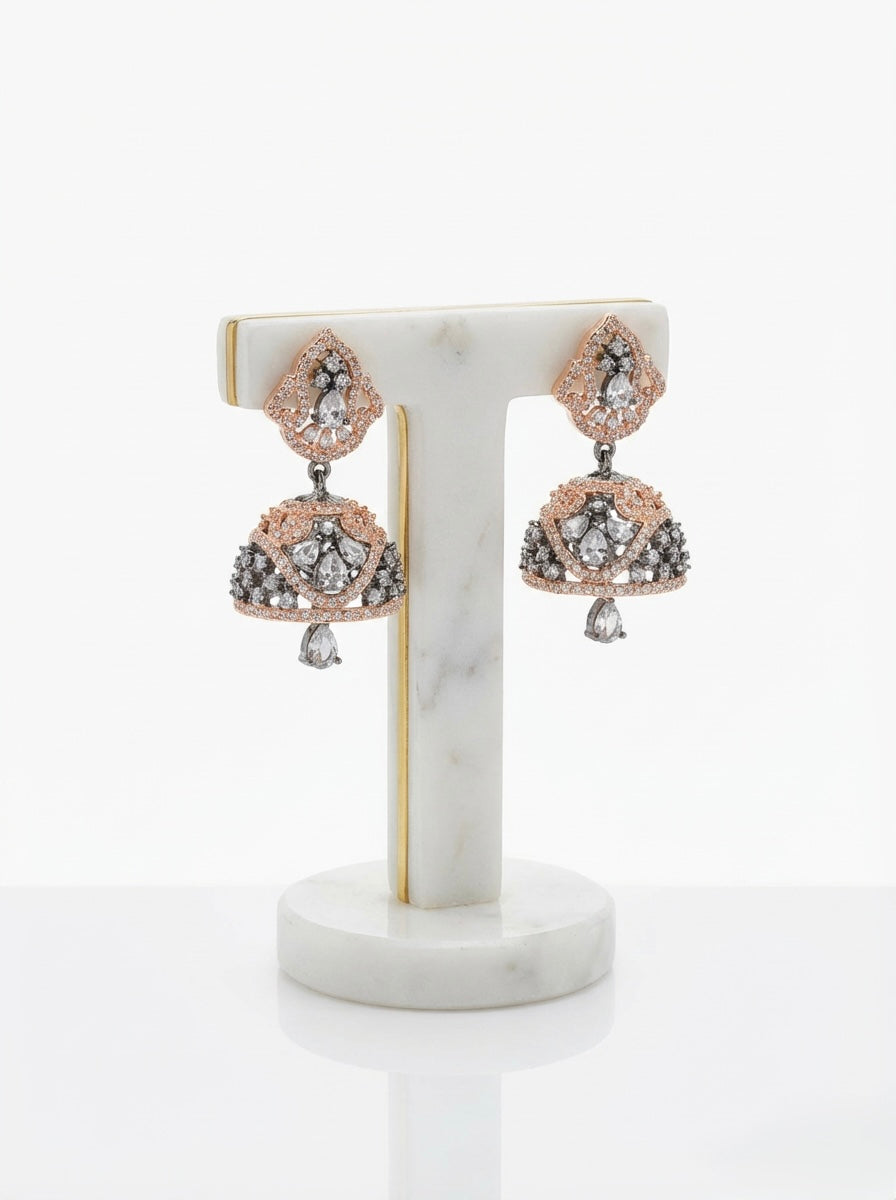 Midnight Rose | American Diamond Mini Black & Rosegold Jhumkas | Handcrafted Party Wear Earrings