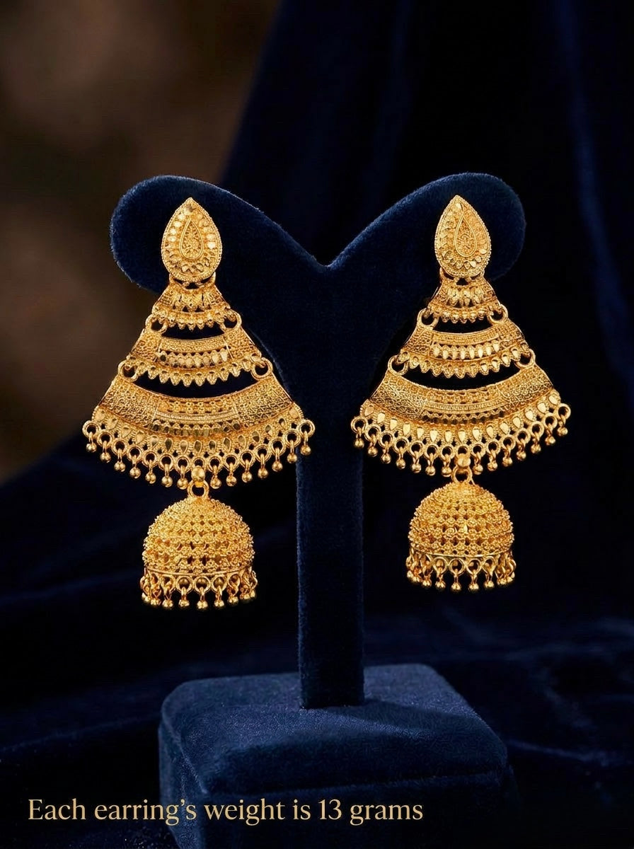 Handmade 22K Gold Plated Tiered Fan Jhumka Statement Earrings