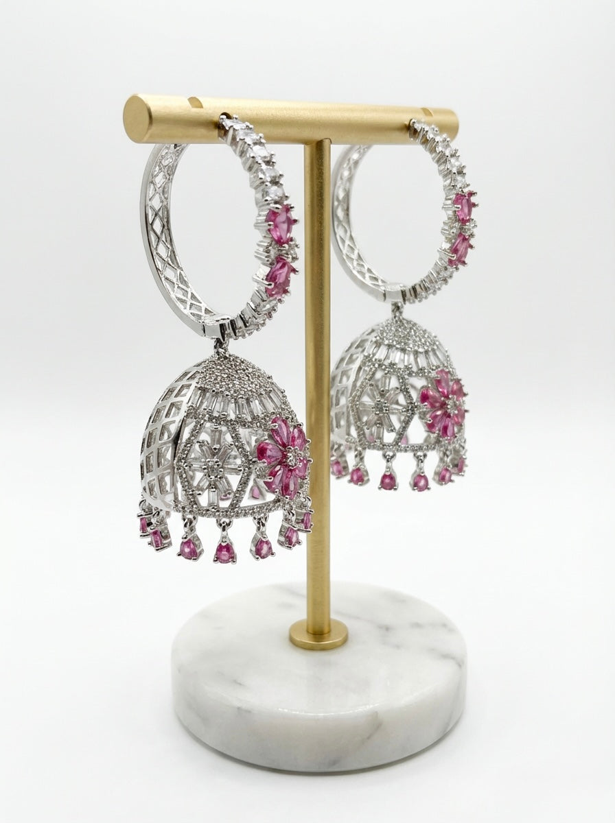 Premium Silver Imitation American Diamond Jhumka Earrings | Famaza Couture