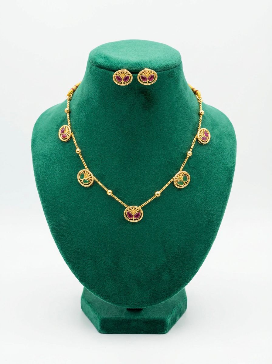 Traditional Gold Toned Brass Minakari Jewellery Set | Necklace & Stud Earrings