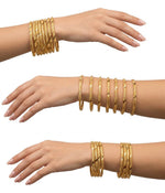 A composite lifestyle image showing three ways to style a set of eight micro gold-plated copper bangles: stacked together on the wrist, spaced out along the forearm, and split into two smaller groups of four.