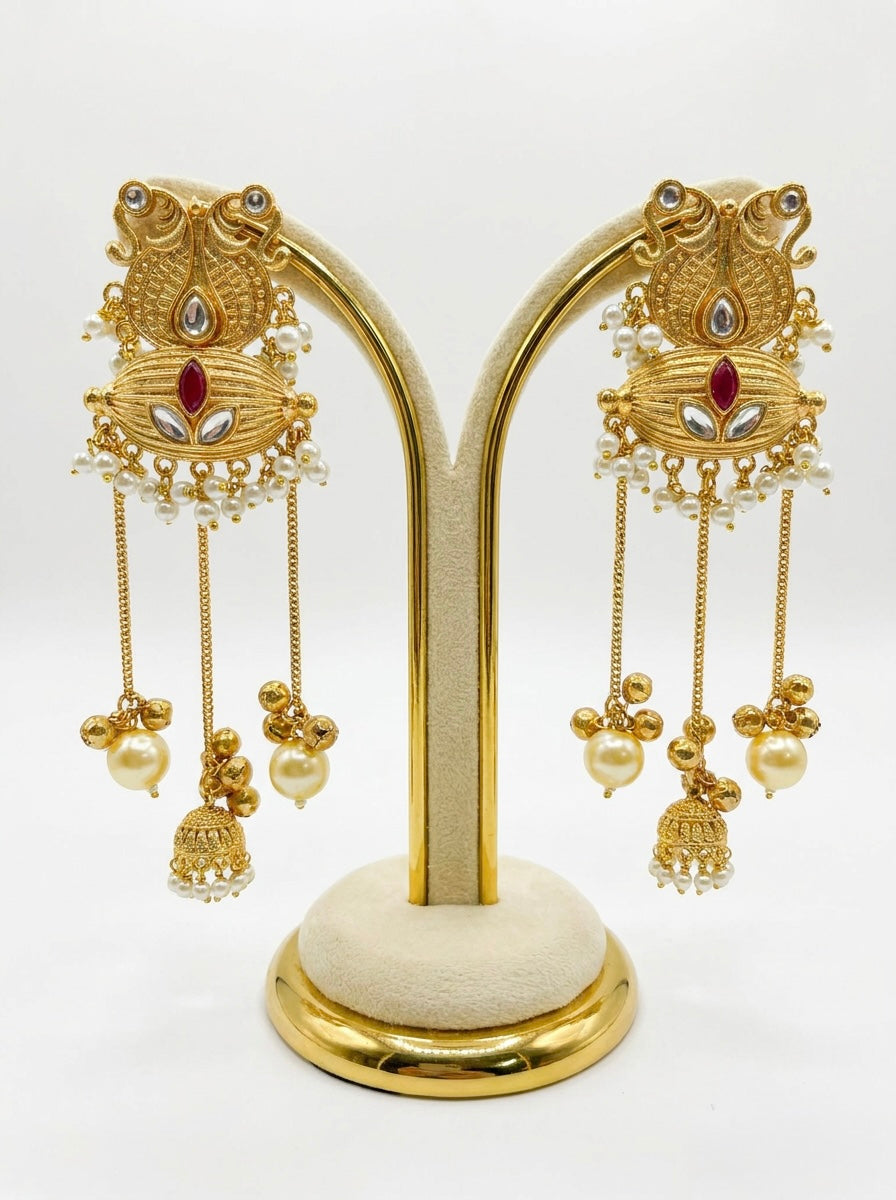 14K Gold Plated Kashmiri Jhumka Earrings | Long Kundan Party Wear Earrings
