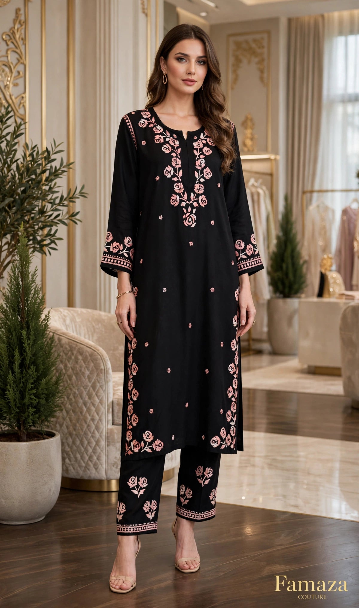 A woman models a black three-piece kurta set with pink floral embroidery in an elegant indoor boutique setting. The set includes a long kurta with elbow-length sleeves, matching trousers, and a coordinating belt.