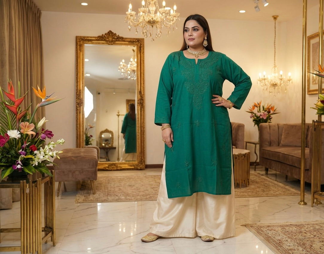 Plus Size Chikankari Cotton Kurti | 8XL–14XL | Elegant Shirt Dress – Famaza Couture